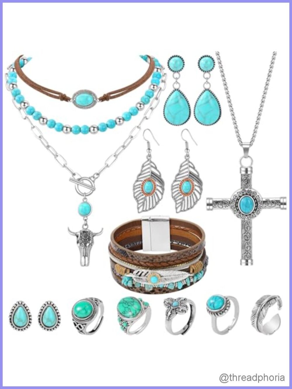 12pc Boho Western Turquoise Jewelry Set with Necklaces Earrings Bracelet Rings